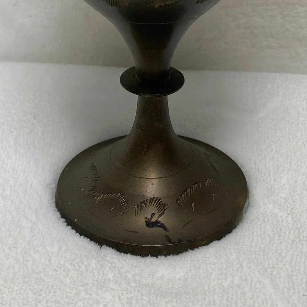 Vintage Brass Vase Etched Floral Design Ornate‎ Trumpet Neck Pedestal Base Decor